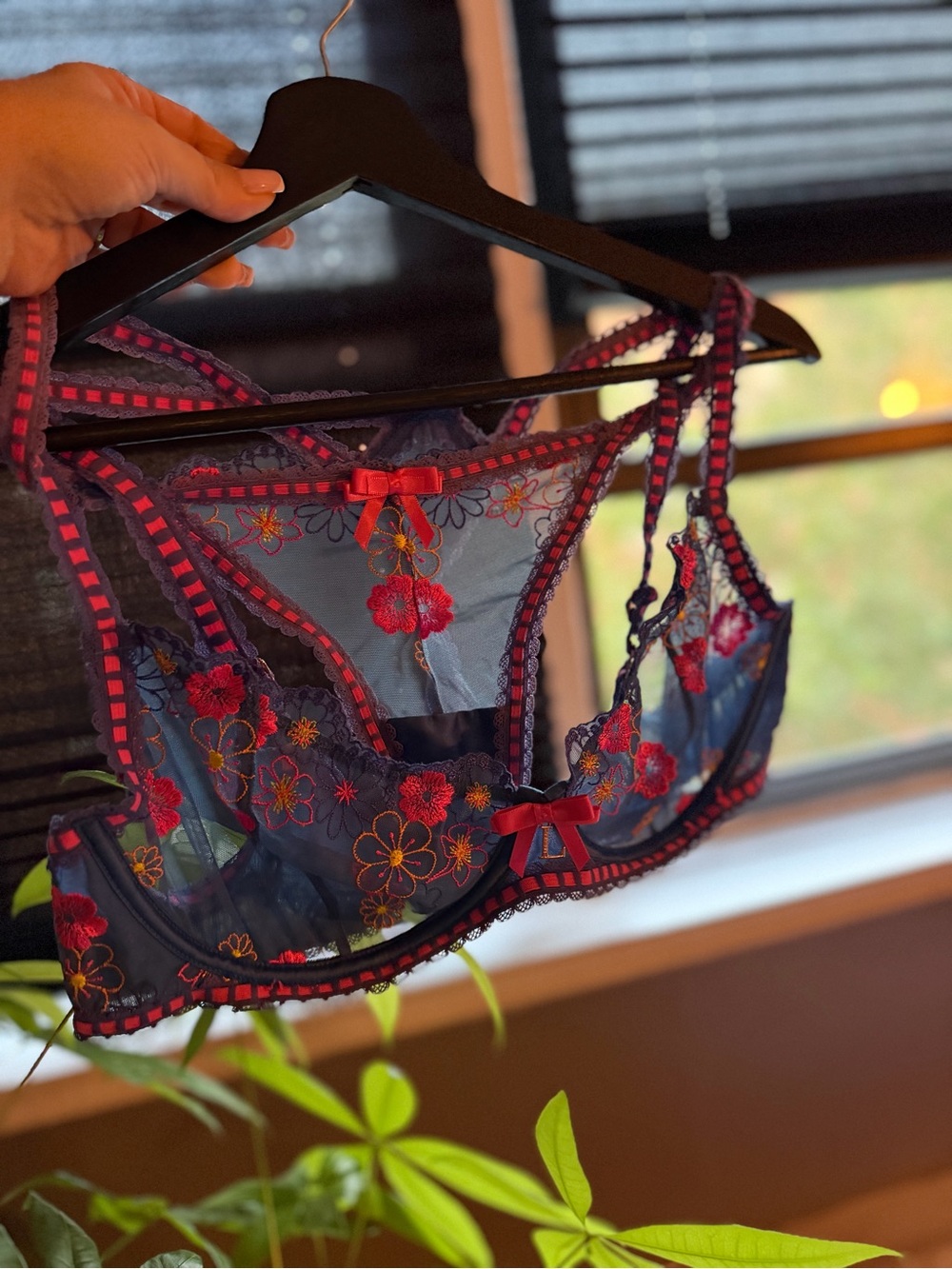 Sheer Navy Floral Embroidered Underwire Bra with Pink Accents